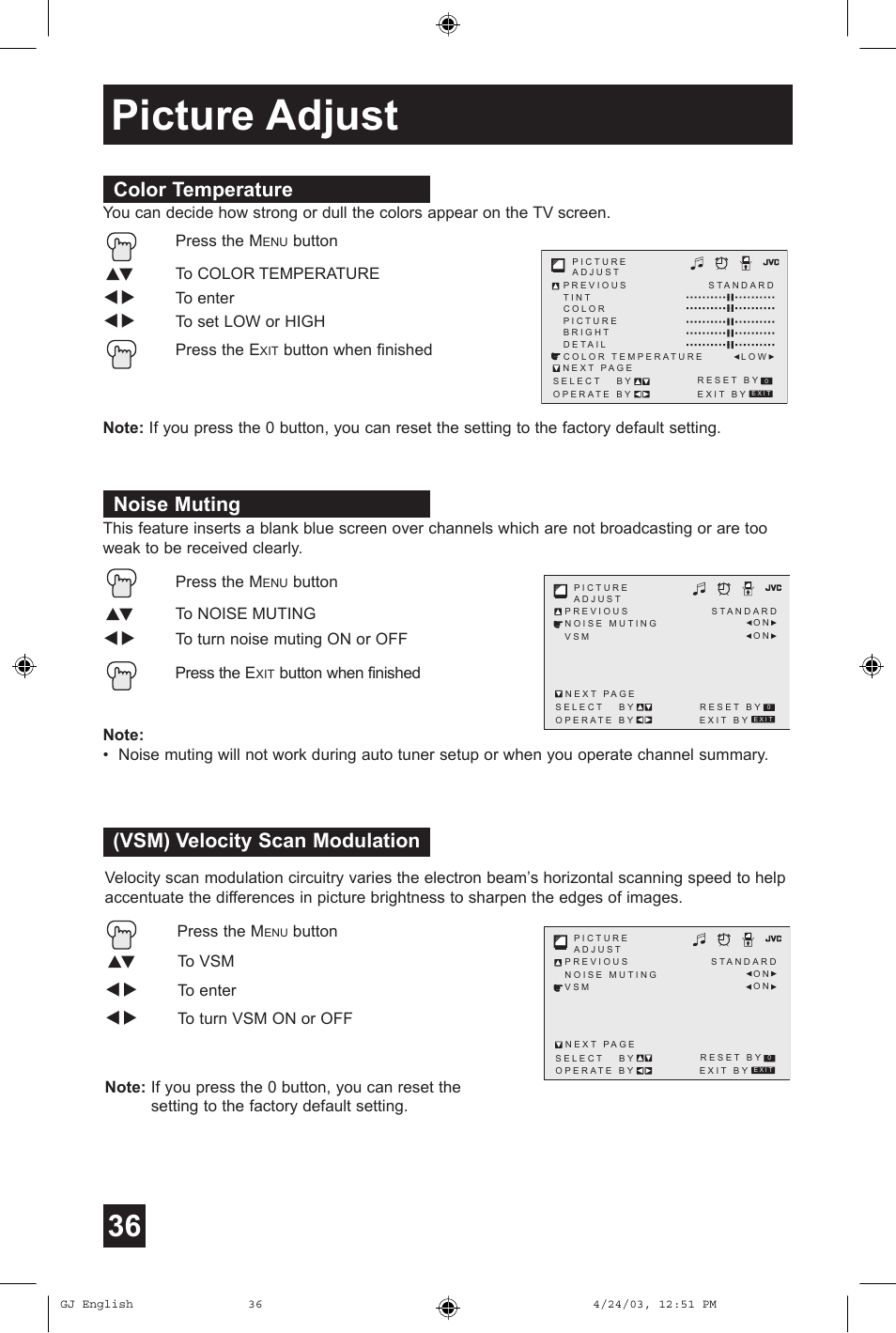 Picture adjust, Noise muting, Color temperature | Vsm) velocity scan modulation, Button π† to noise muting, Button π† to color temperature, Button π† to vsm | JVC AV 32FA44 User Manual | Page 36 / 56