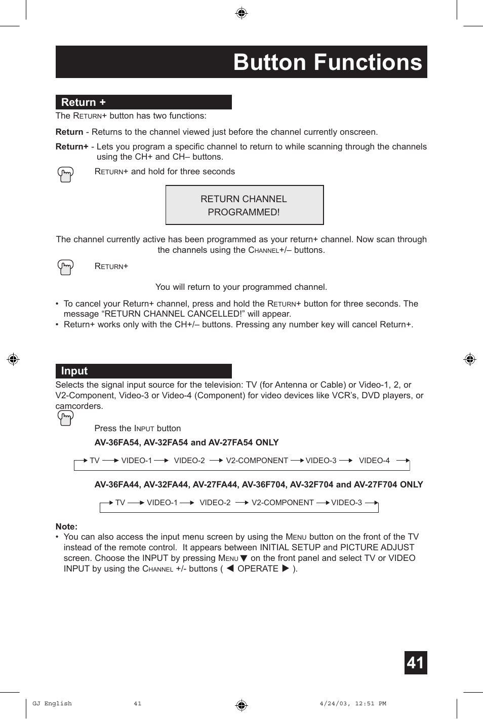 Button functions, Return, Input | JVC AV 32FA44 User Manual | Page 41 / 56