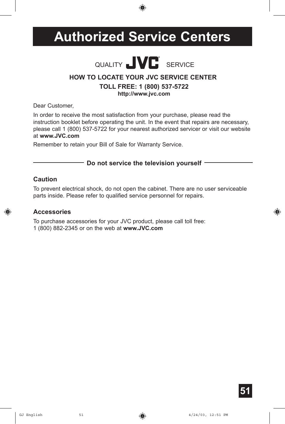 Authorized service centers | JVC AV 32FA44 User Manual | Page 51 / 56