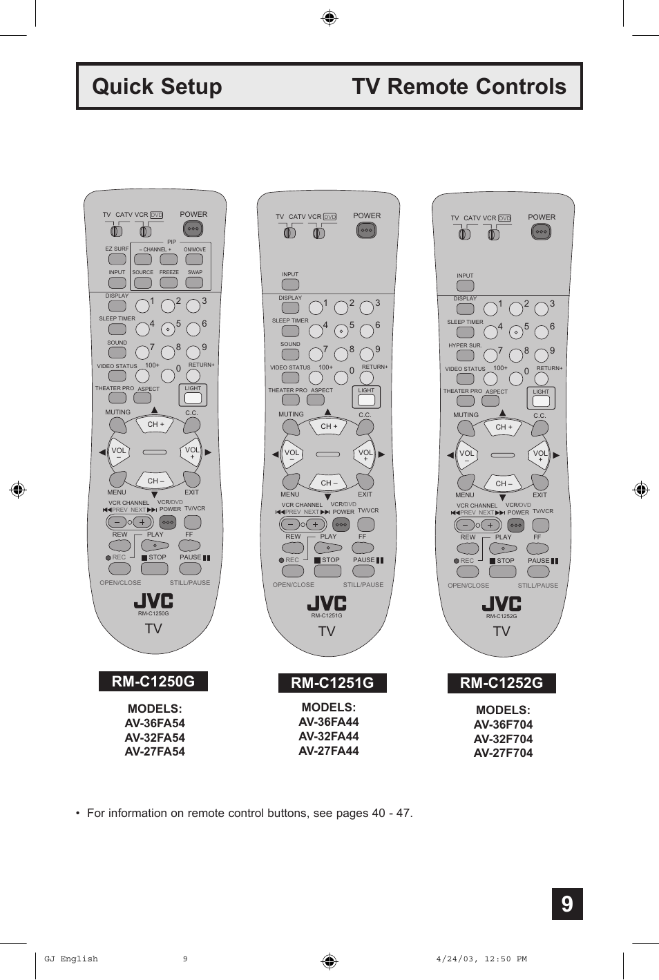 Quick setup tv remote controls, Rm-c1252g, Rm-c1251g | Rm-c1250g | JVC AV 32FA44 User Manual | Page 9 / 56
