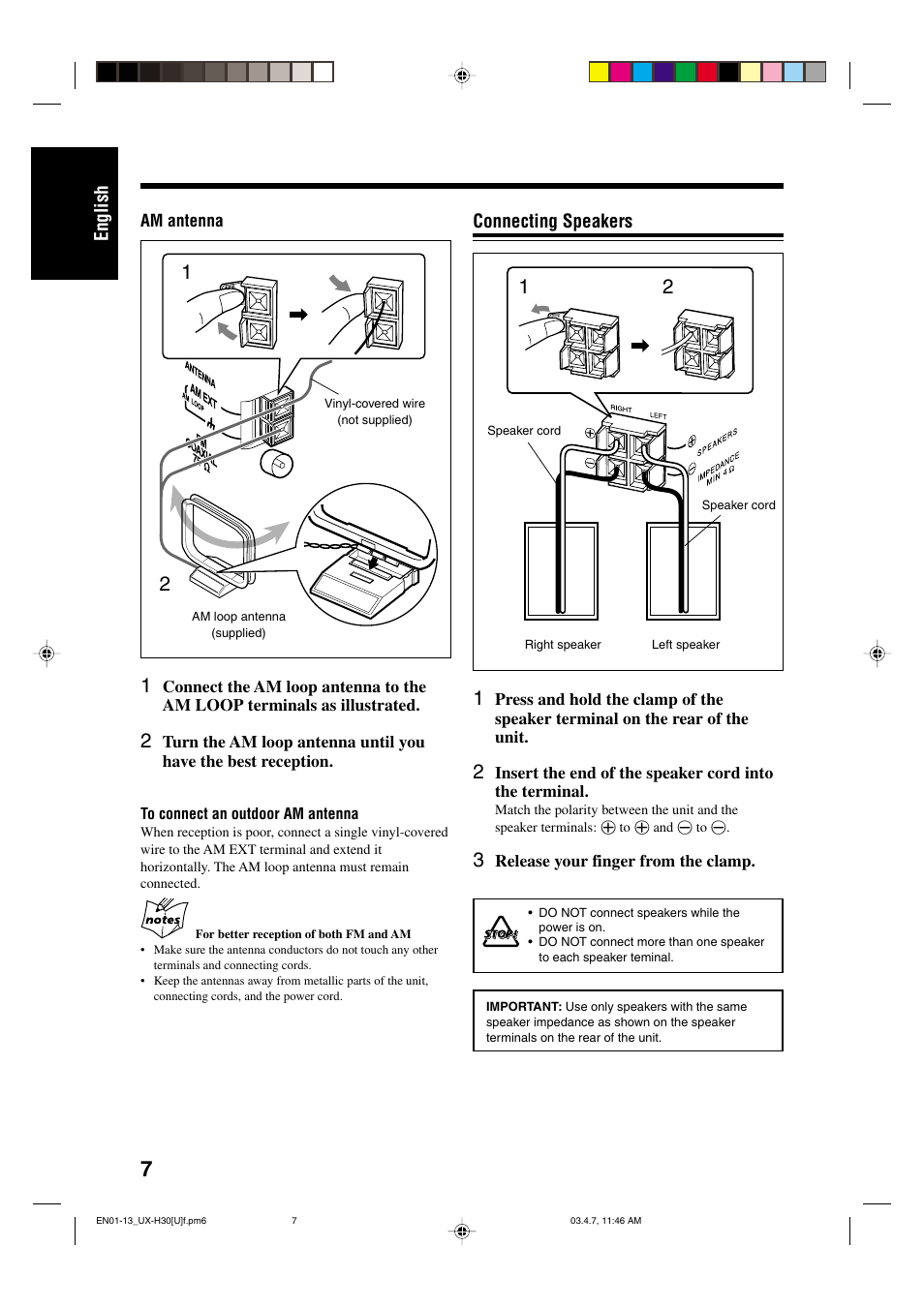 English, Connecting speakers | JVC UX-H30 User Manual | Page 10 / 60