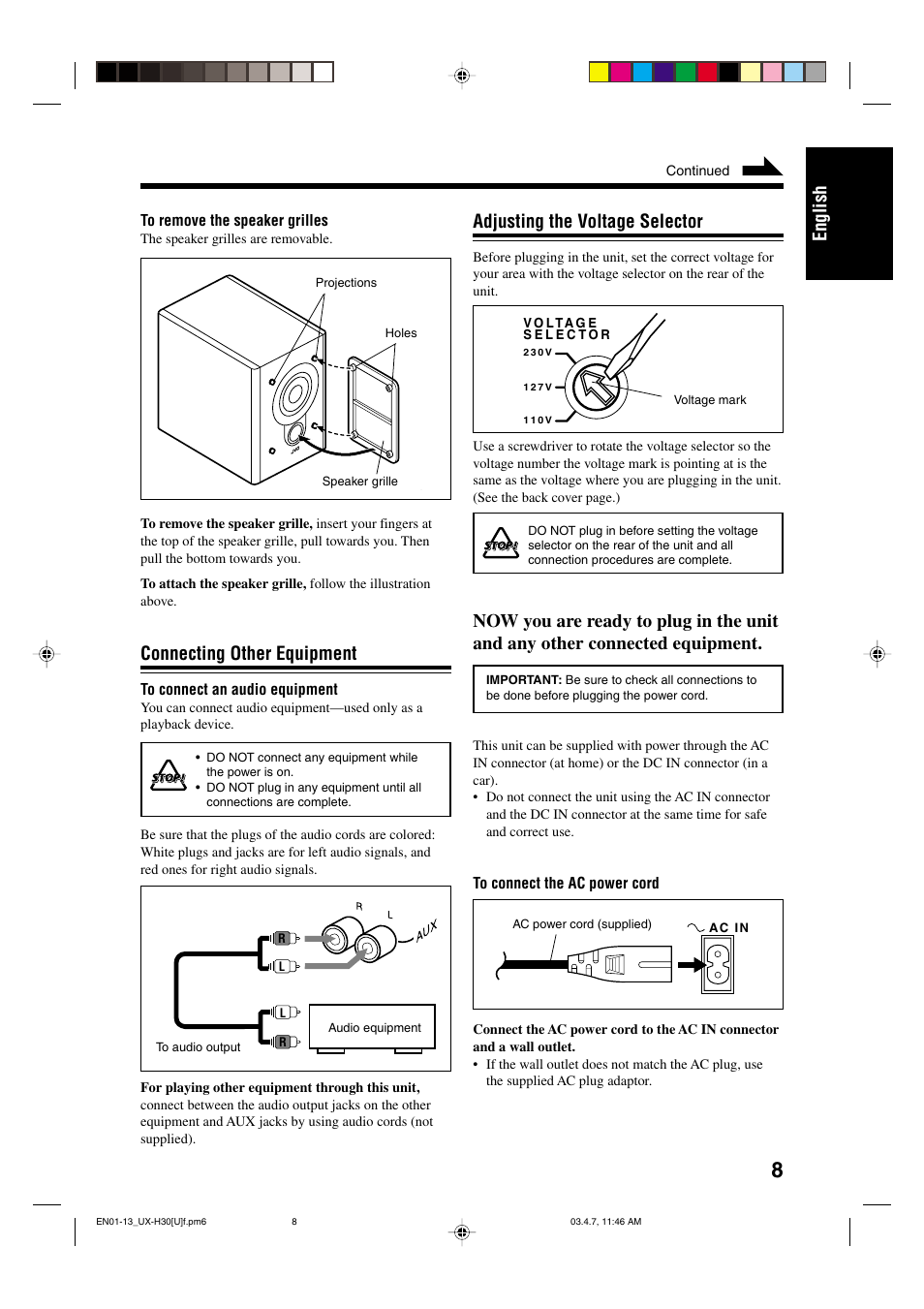 English, Connecting other equipment, Adjusting the voltage selector | JVC UX-H30 User Manual | Page 11 / 60
