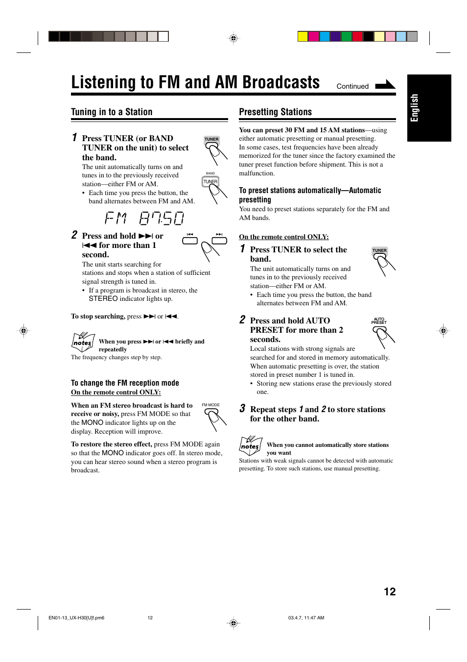 Listening to fm and am broadcasts, English tuning in to a station, Presetting stations | JVC UX-H30 User Manual | Page 15 / 60