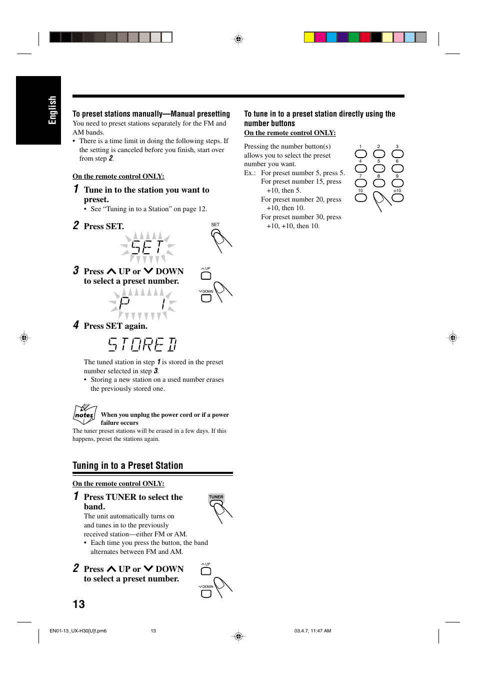 English, Tuning in to a preset station | JVC UX-H30 User Manual | Page 16 / 60