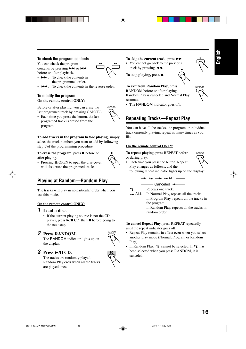 English, Repeating tracks—repeat play, Playing at random—random play | JVC UX-H30 User Manual | Page 19 / 60