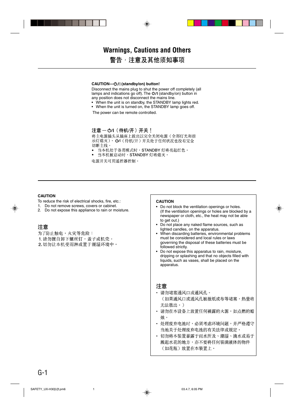 G-1 warnings, cautions and others | JVC UX-H30 User Manual | Page 2 / 60