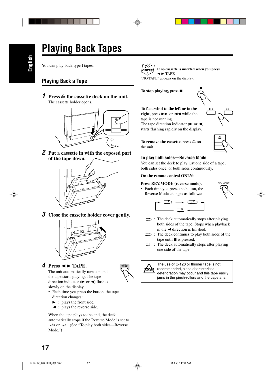 Playing back tapes, English, Playing back a tape | JVC UX-H30 User Manual | Page 20 / 60