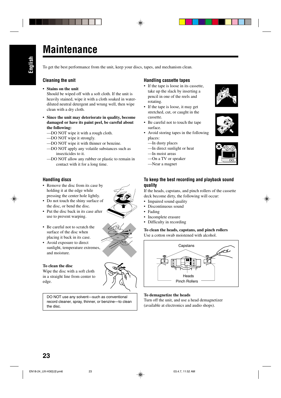 Maintenance, English | JVC UX-H30 User Manual | Page 26 / 60