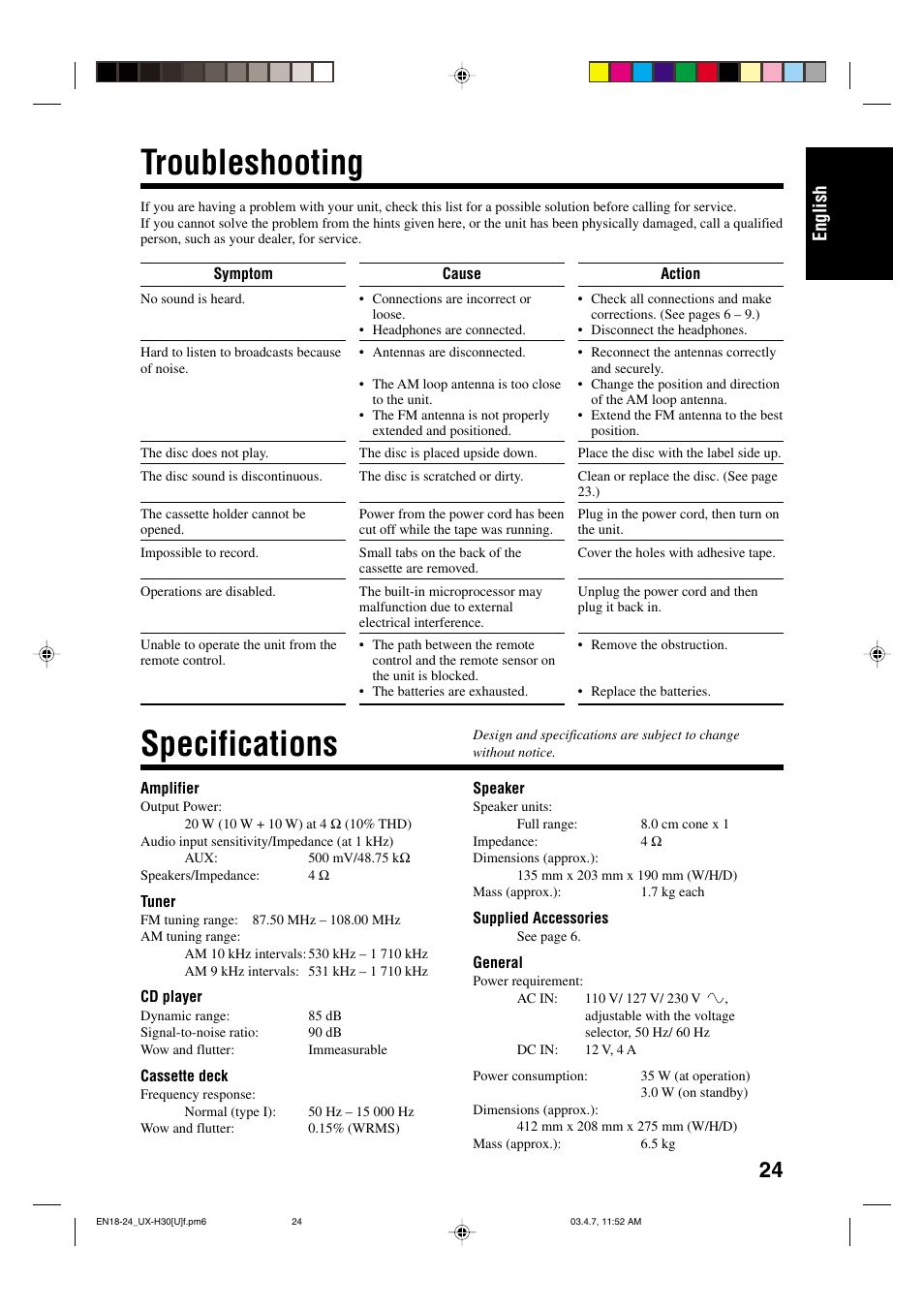 Troubleshooting, Specifications, English | JVC UX-H30 User Manual | Page 27 / 60