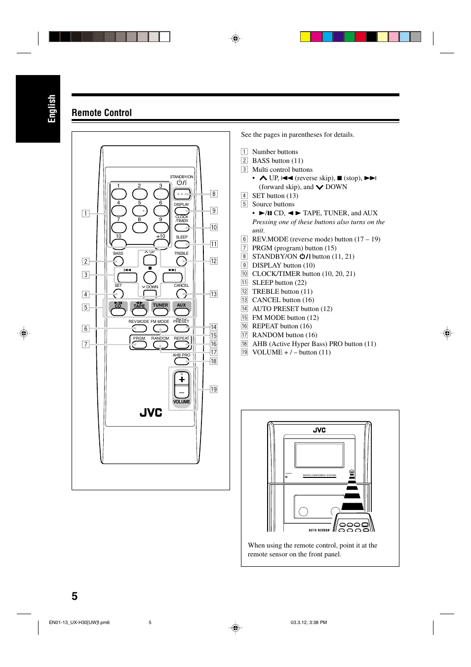 English remote control | JVC UX-H30 User Manual | Page 38 / 60