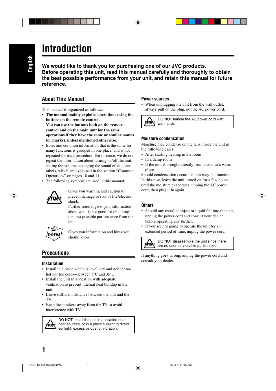 Introduction, English, About this manual | Precautions | JVC UX-H30 User Manual | Page 4 / 60