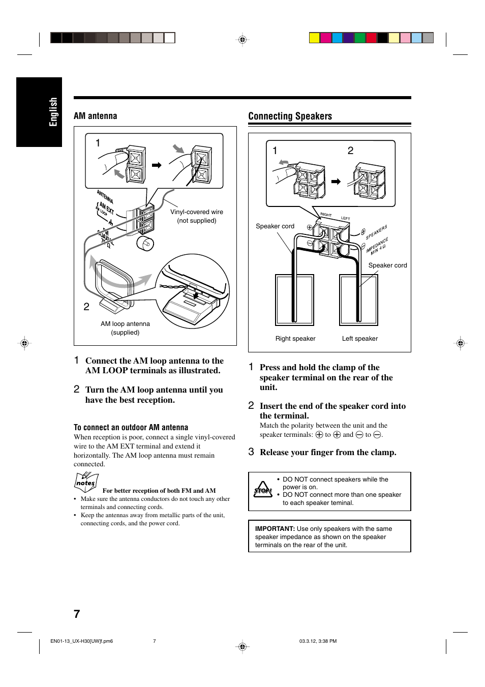 English, Connecting speakers | JVC UX-H30 User Manual | Page 40 / 60
