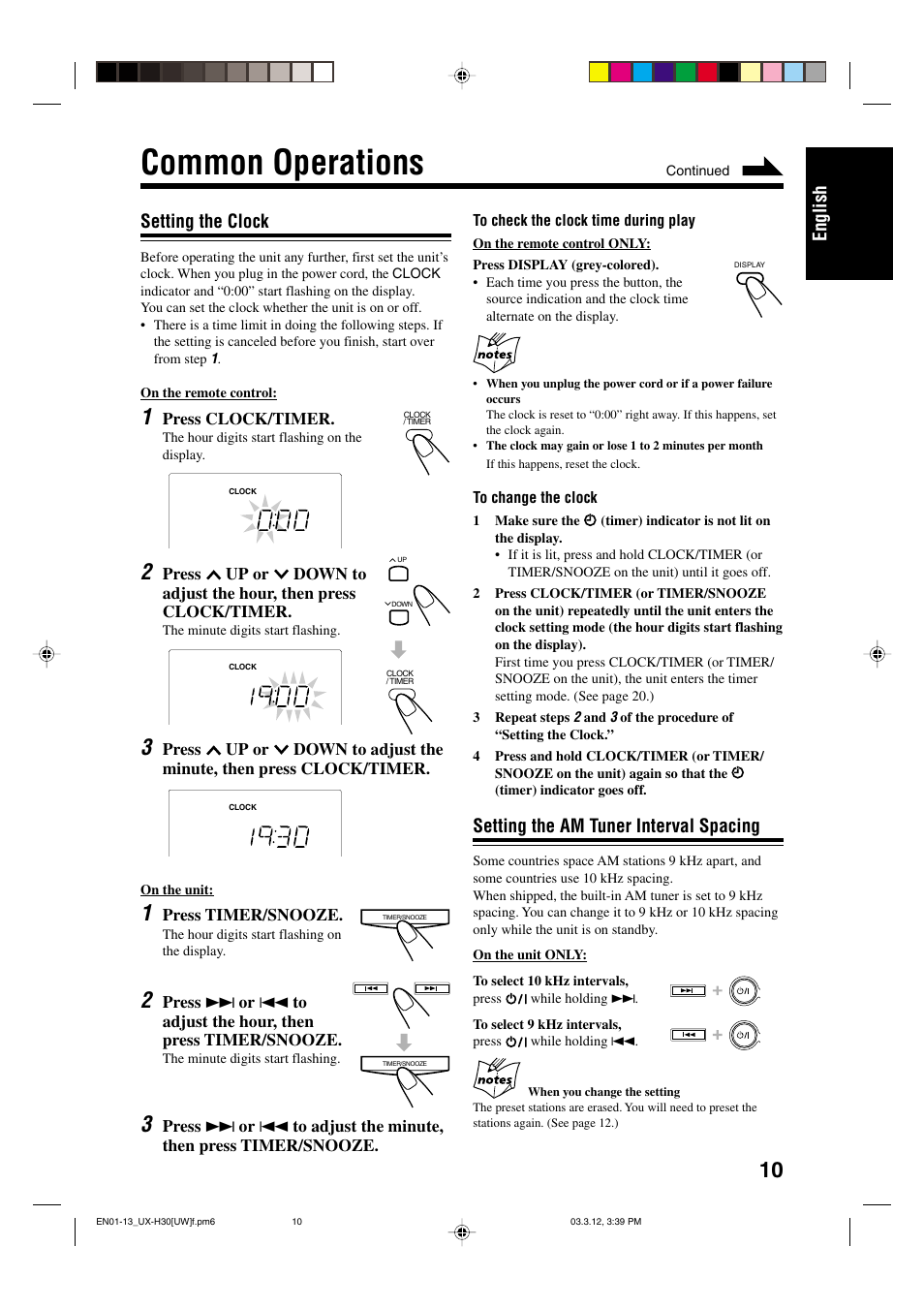 Common operations, English, Setting the clock | Setting the am tuner interval spacing | JVC UX-H30 User Manual | Page 43 / 60
