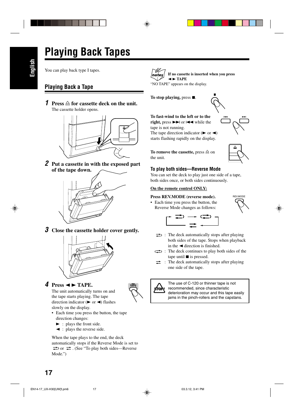 Playing back tapes, English, Playing back a tape | JVC UX-H30 User Manual | Page 50 / 60
