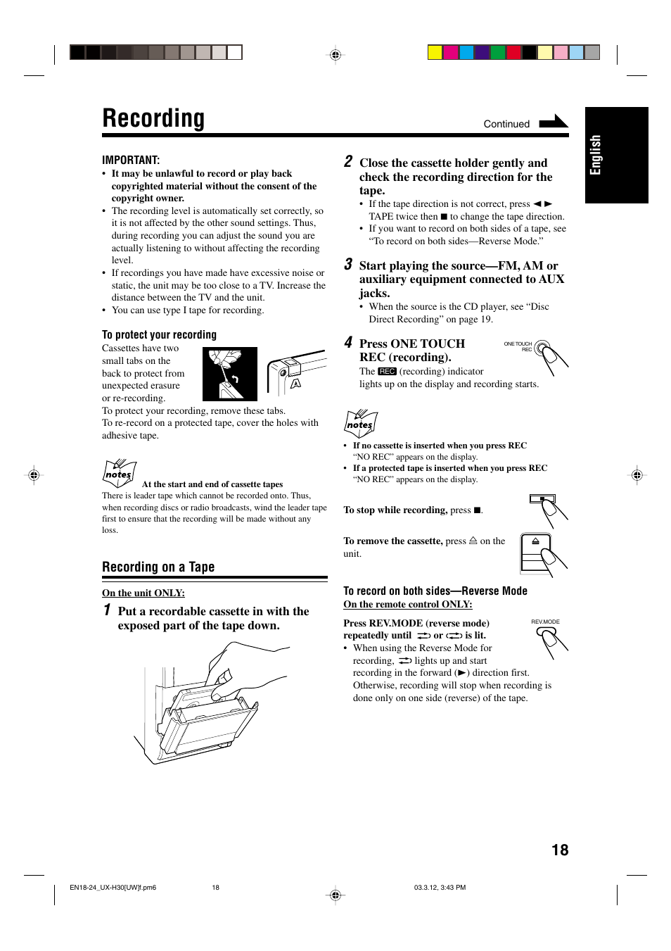 Recording, English, Recording on a tape | JVC UX-H30 User Manual | Page 51 / 60