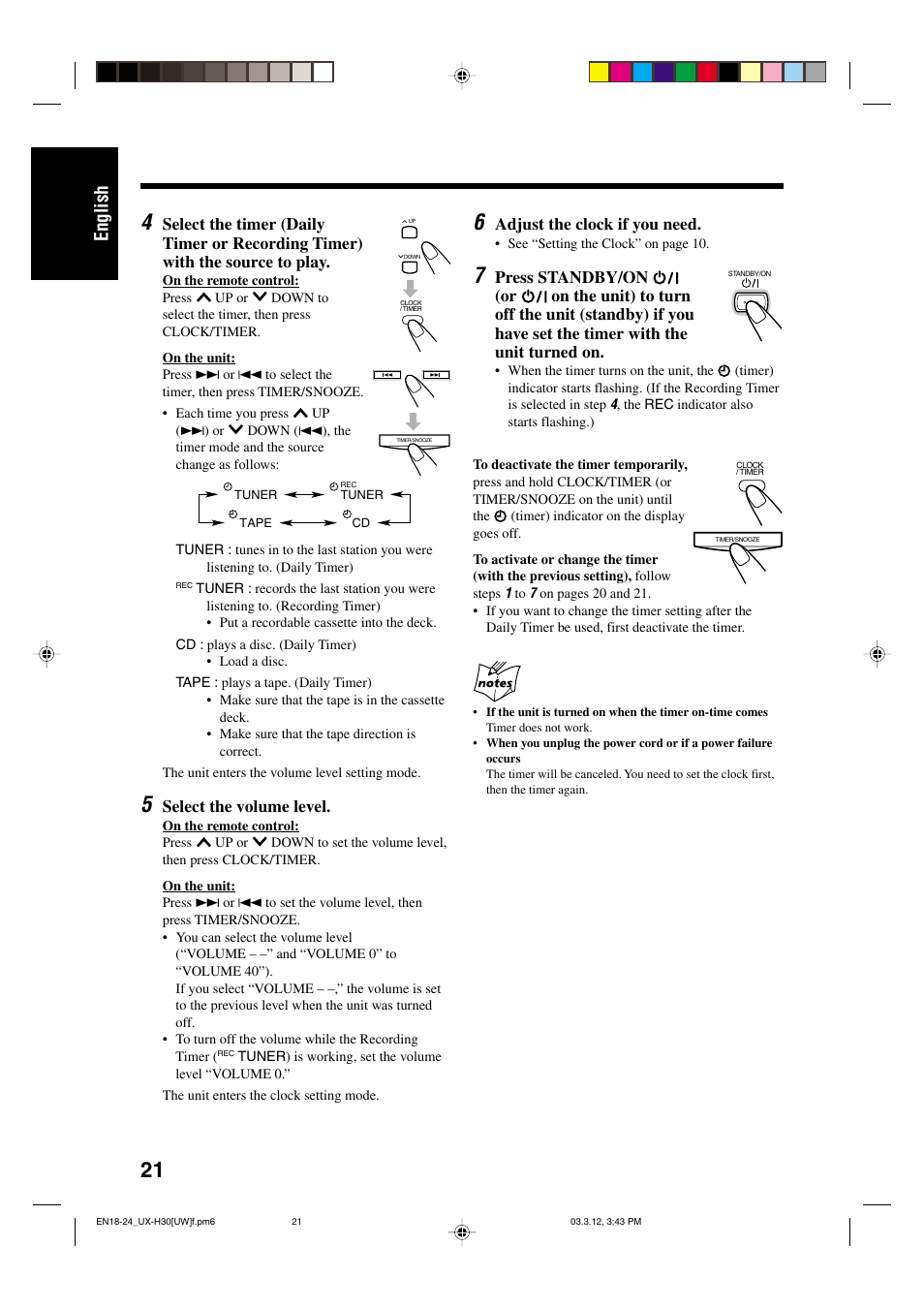 English, Select the volume level, Adjust the clock if you need | JVC UX-H30 User Manual | Page 54 / 60