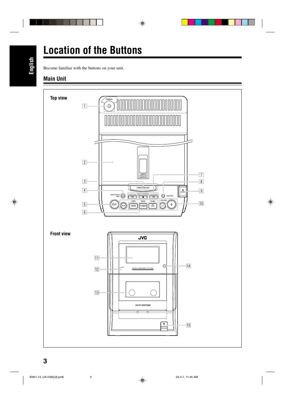 Location of the buttons, English, Main unit | JVC UX-H30 User Manual | Page 6 / 60