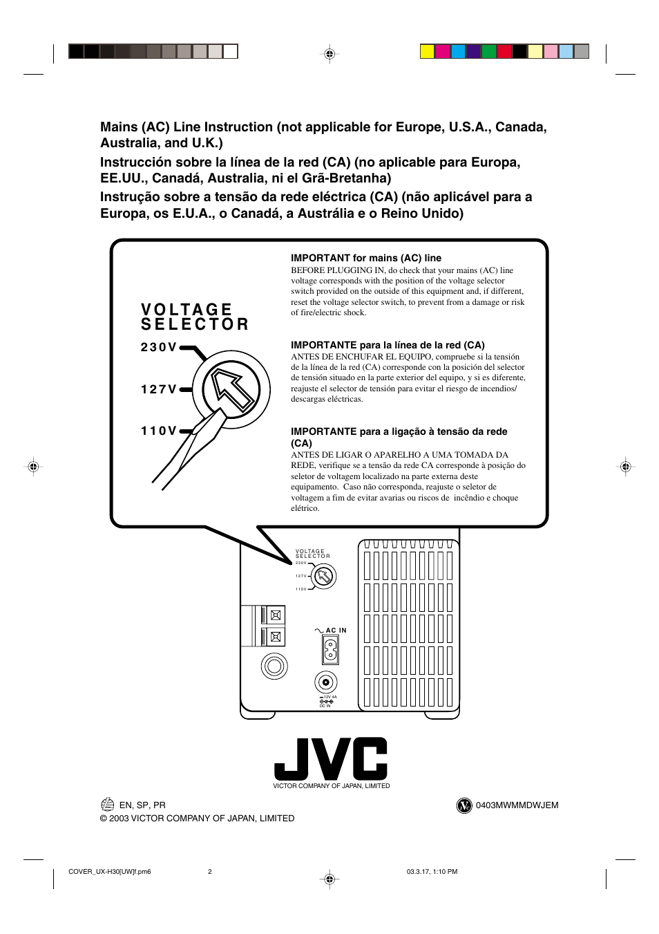 Back, 2 3 0 v | JVC UX-H30 User Manual | Page 60 / 60