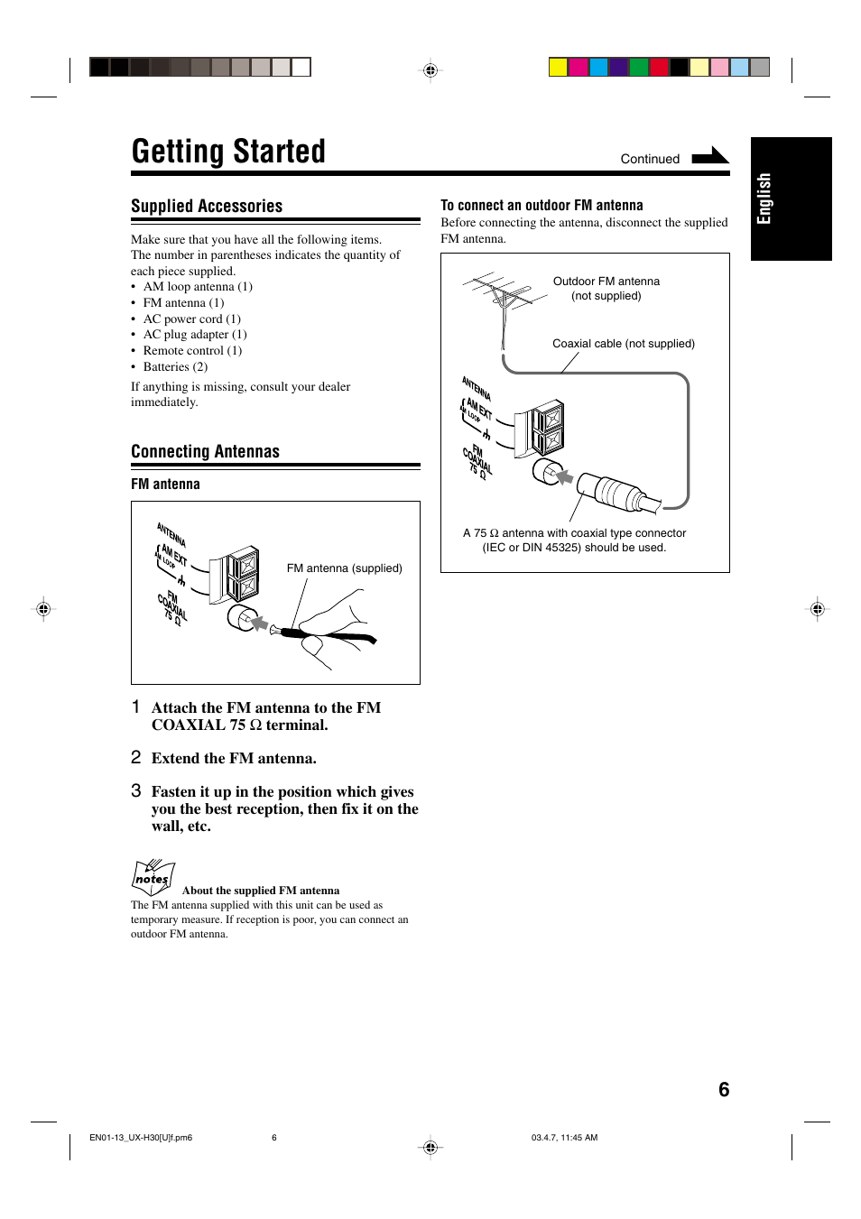 Getting started, English, Supplied accessories | Connecting antennas | JVC UX-H30 User Manual | Page 9 / 60