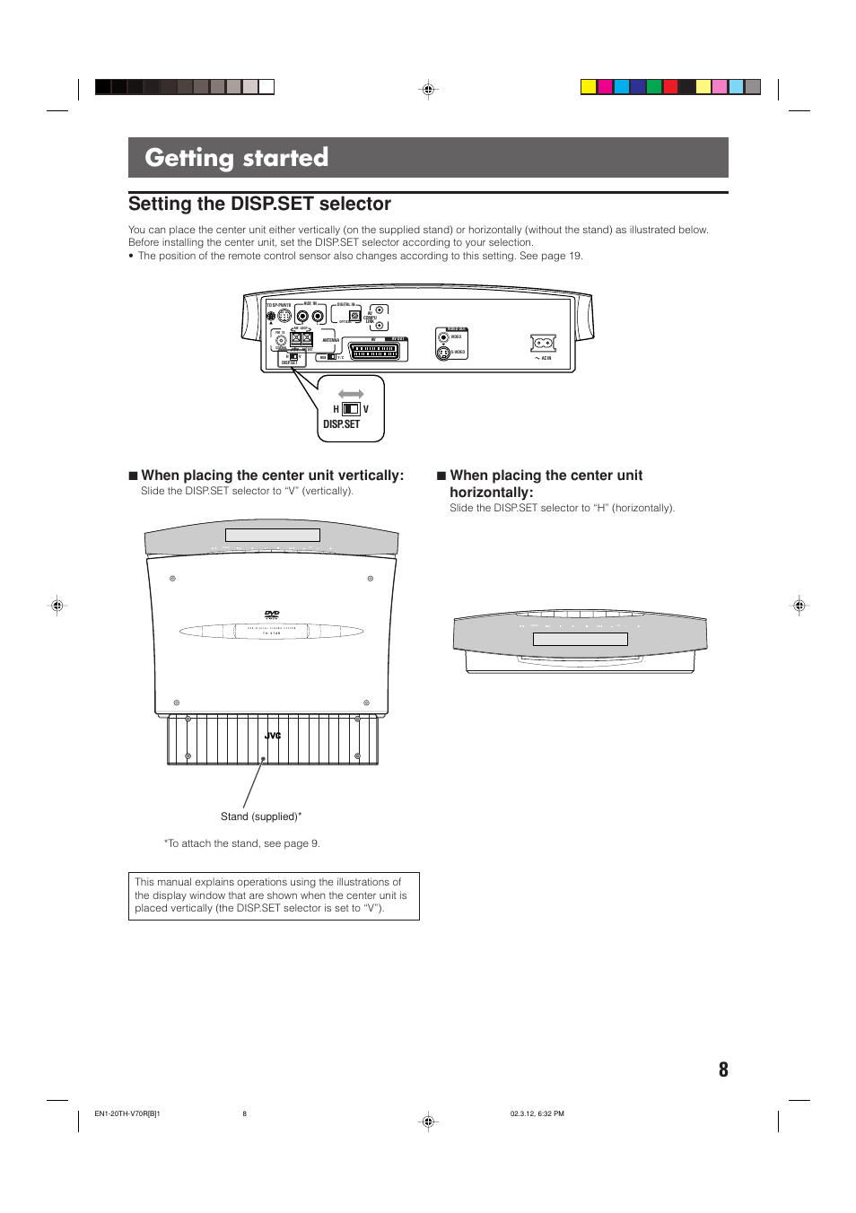 Getting started, Setting the disp.set selector, 7when placing the center unit vertically | 7when placing the center unit horizontally, Disp.set | JVC LVT0865-004A User Manual | Page 13 / 84