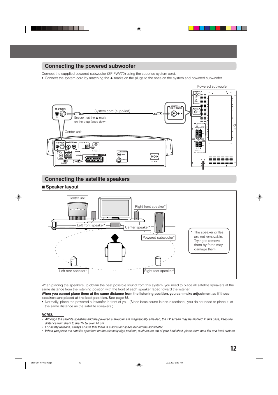 Connecting the powered subwoofer, Connecting the satellite speakers, 7speaker layout | System cord (supplied) | JVC LVT0865-004A User Manual | Page 17 / 84