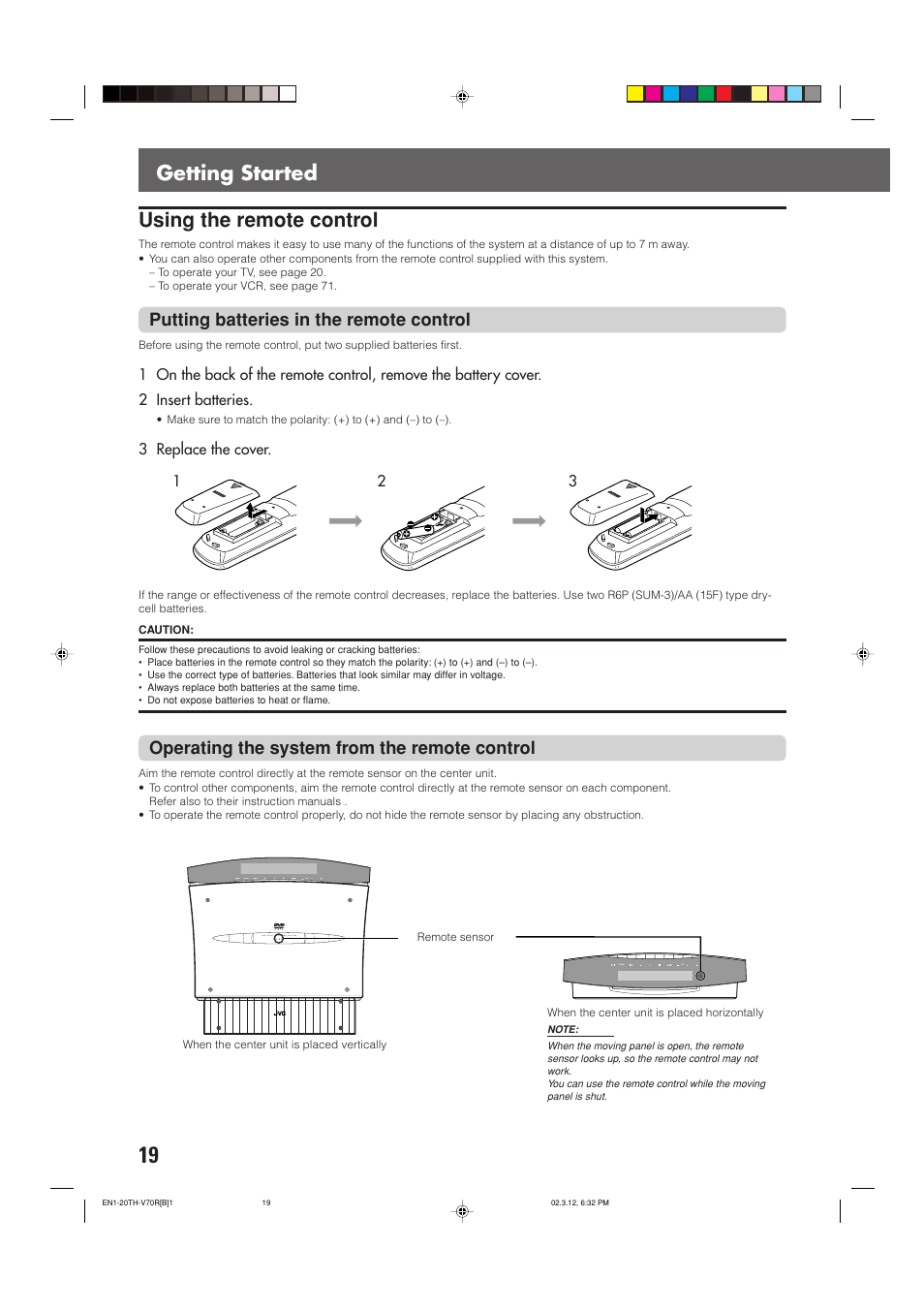 Getting started using the remote control, Putting batteries in the remote control, Operating the system from the remote control | JVC LVT0865-004A User Manual | Page 24 / 84