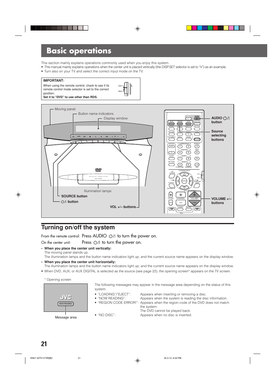 Basic operations, Turning on/off the system, Press audio to turn the power on | Press to turn the power on, On the center unit, Message area | JVC LVT0865-004A User Manual | Page 26 / 84