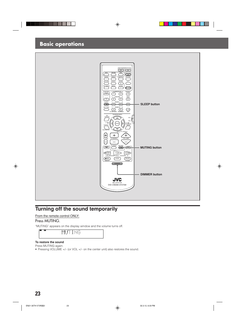 Turning off the sound temporarily, Basic operations, Press muting | Sleep button, Dimmer button muting button | JVC LVT0865-004A User Manual | Page 28 / 84