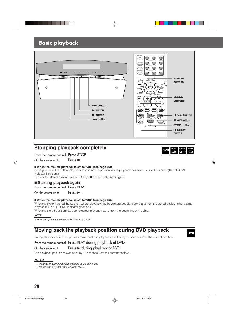 Basic playback, Stopping playback completely, Press stop | Press 7, 7starting playback again, Press play, Press 3, Press play during playback of dvd, Press 3 during playback of dvd, On the center unit | JVC LVT0865-004A User Manual | Page 34 / 84