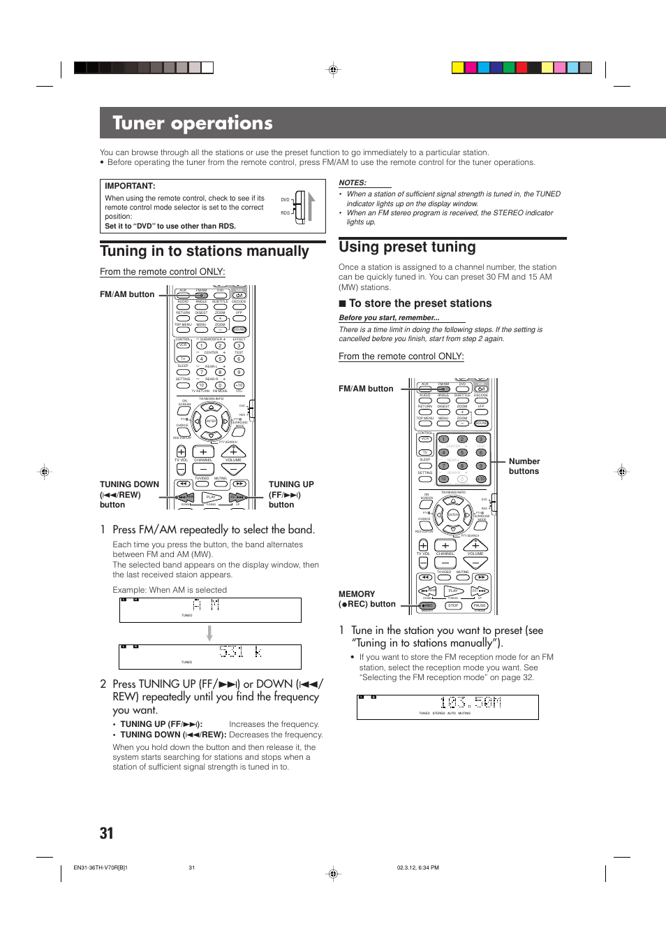 Tuner operations, Tuning in to stations manually, Using preset tuning | 1 press fm/am repeatedly to select the band, 7to store the preset stations, Important, Rec) button number buttons | JVC LVT0865-004A User Manual | Page 36 / 84