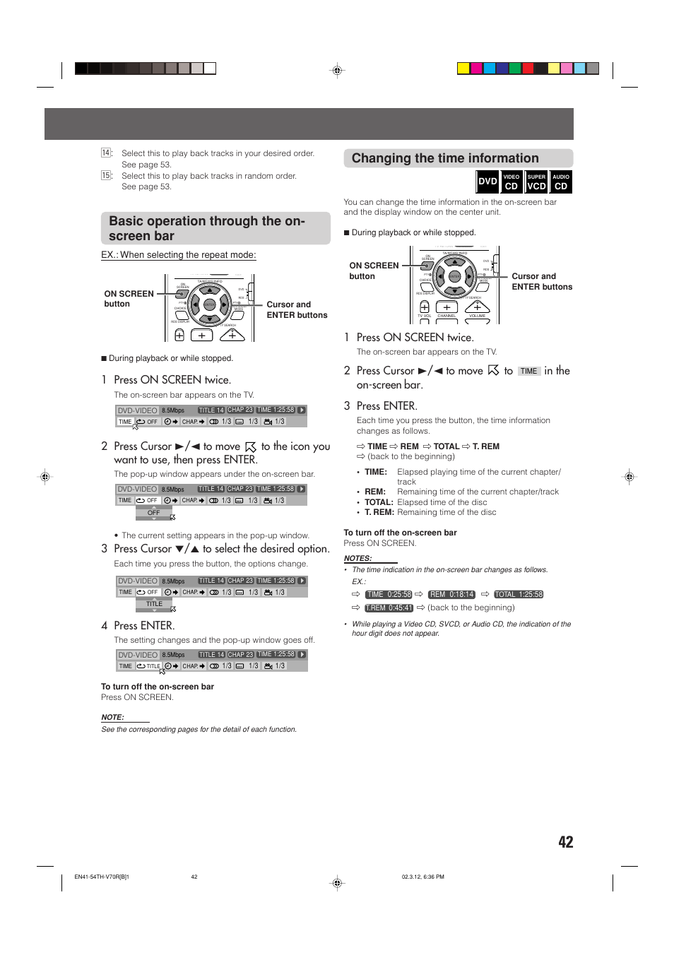 Basic operation through the on- screen bar, Changing the time information, 1 press on screen twice | 3 press cursor ∞/5 to select the desired option, 4 press enter, 2 press cursor 3/2 to move to, Ex.: when selecting the repeat mode | JVC LVT0865-004A User Manual | Page 47 / 84