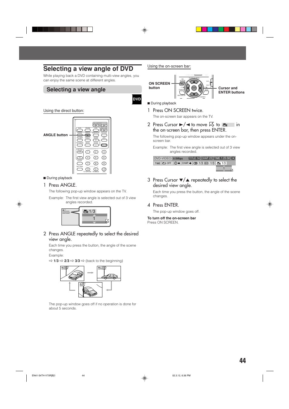 Selecting a view angle of dvd, Selecting a view angle, 1 press angle | 1 press on screen twice, 4 press enter, Using the direct button, Using the on-screen bar | JVC LVT0865-004A User Manual | Page 49 / 84