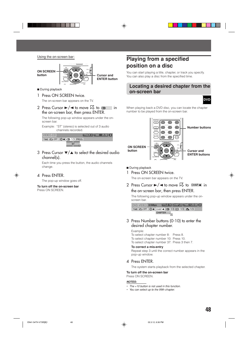 Playing from a specified position on a disc, Locating a desired chapter from the on-screen bar, 1 press on screen twice | 4 press enter, 2 press cursor 3/2 to move to, Using the on-screen bar | JVC LVT0865-004A User Manual | Page 53 / 84