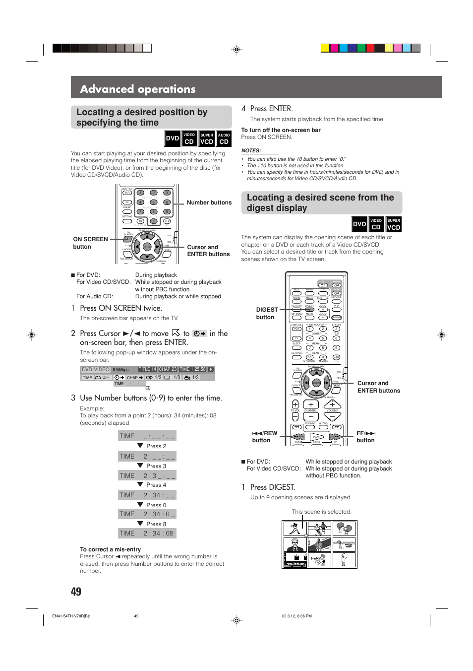 Advanced operations, Locating a desired position by specifying the time, Locating a desired scene from the digest display | 1 press on screen twice, 3 use number buttons (0-9) to enter the time, 1 press digest, 4 press enter | JVC LVT0865-004A User Manual | Page 54 / 84