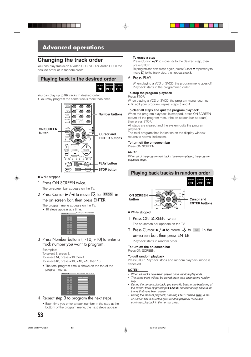 Advanced operations changing the track order, Playing back in the desired order, Playing back tracks in random order | 1 press on screen twice, 2 press cursor 3/2 to move to, 4 repeat step 3 to program the next steps, 5 press play | JVC LVT0865-004A User Manual | Page 58 / 84