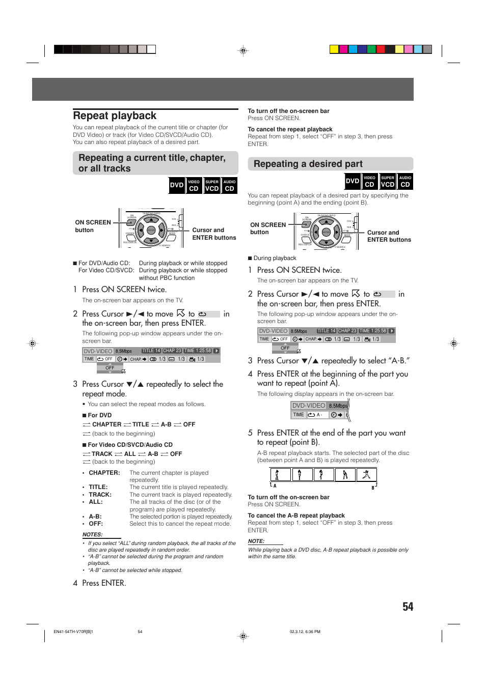 Repeat playback, Repeating a current title, chapter, or all tracks, Repeating a desired part | 1 press on screen twice, 4 press enter | JVC LVT0865-004A User Manual | Page 59 / 84