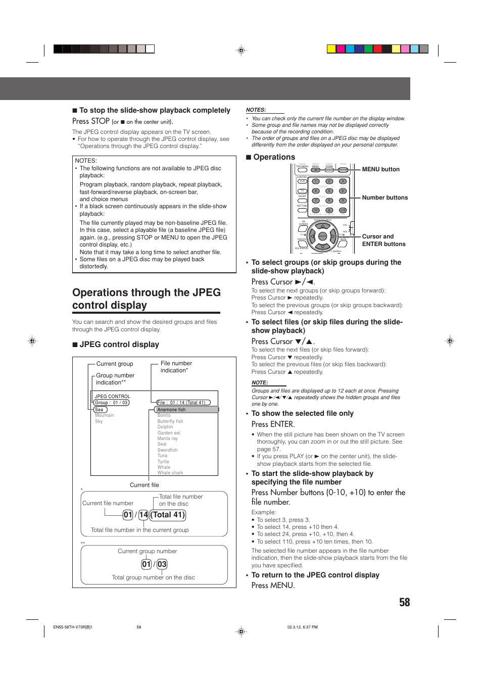 Operations through the jpeg control display, 7jpeg control display, Press cursor 3/2 | Press cursor ∞/5, Press enter, Press menu, Press stop, 7to stop the slide-show playback completely | JVC LVT0865-004A User Manual | Page 63 / 84