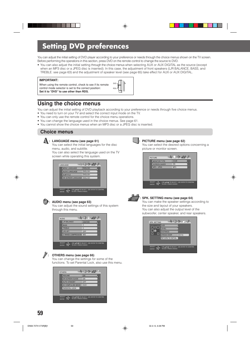 Setting dvd preferences, Using the choice menus, Choice menus | JVC LVT0865-004A User Manual | Page 64 / 84