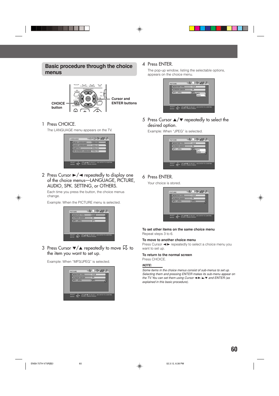 Basic procedure through the choice menus, 1 press choice, 4 press enter | 6 press enter, The language menu appears on the tv, Example: when “mp3/jpeg” is selected, Example: when “jpeg” is selected, Choice button cursor and enter buttons | JVC LVT0865-004A User Manual | Page 65 / 84