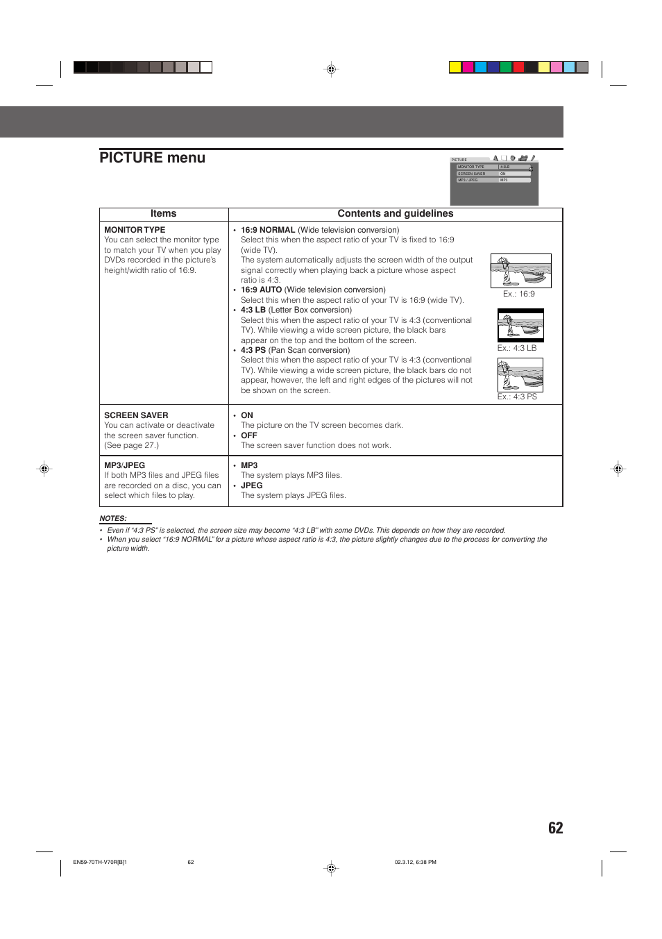 Picture menu, Items, Contents and guidelines | JVC LVT0865-004A User Manual | Page 67 / 84