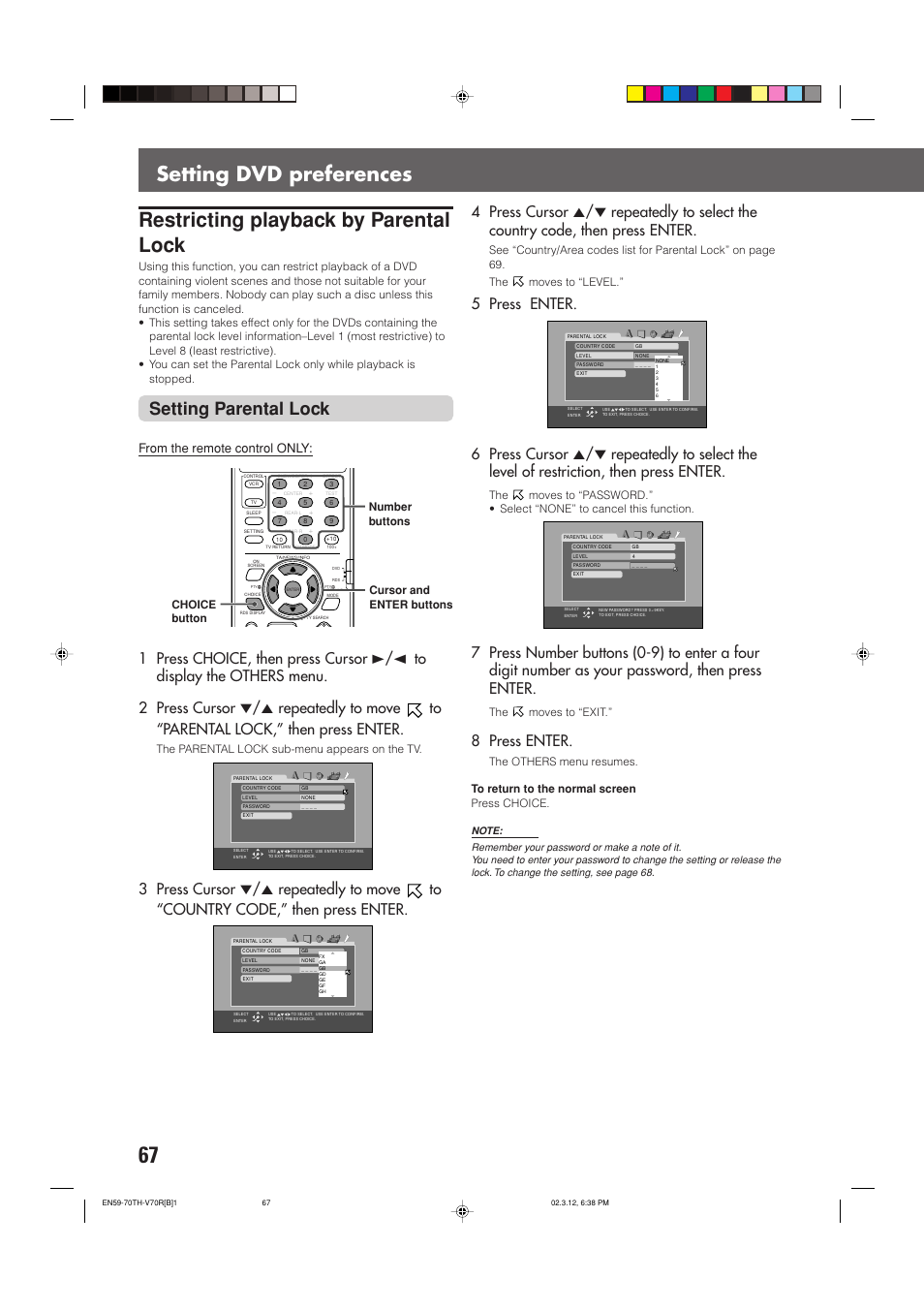 Restricting playback by parental lock, Setting dvd preferences, Setting parental lock | 8 press enter, The parental lock sub-menu appears on the tv, The moves to “exit | JVC LVT0865-004A User Manual | Page 72 / 84