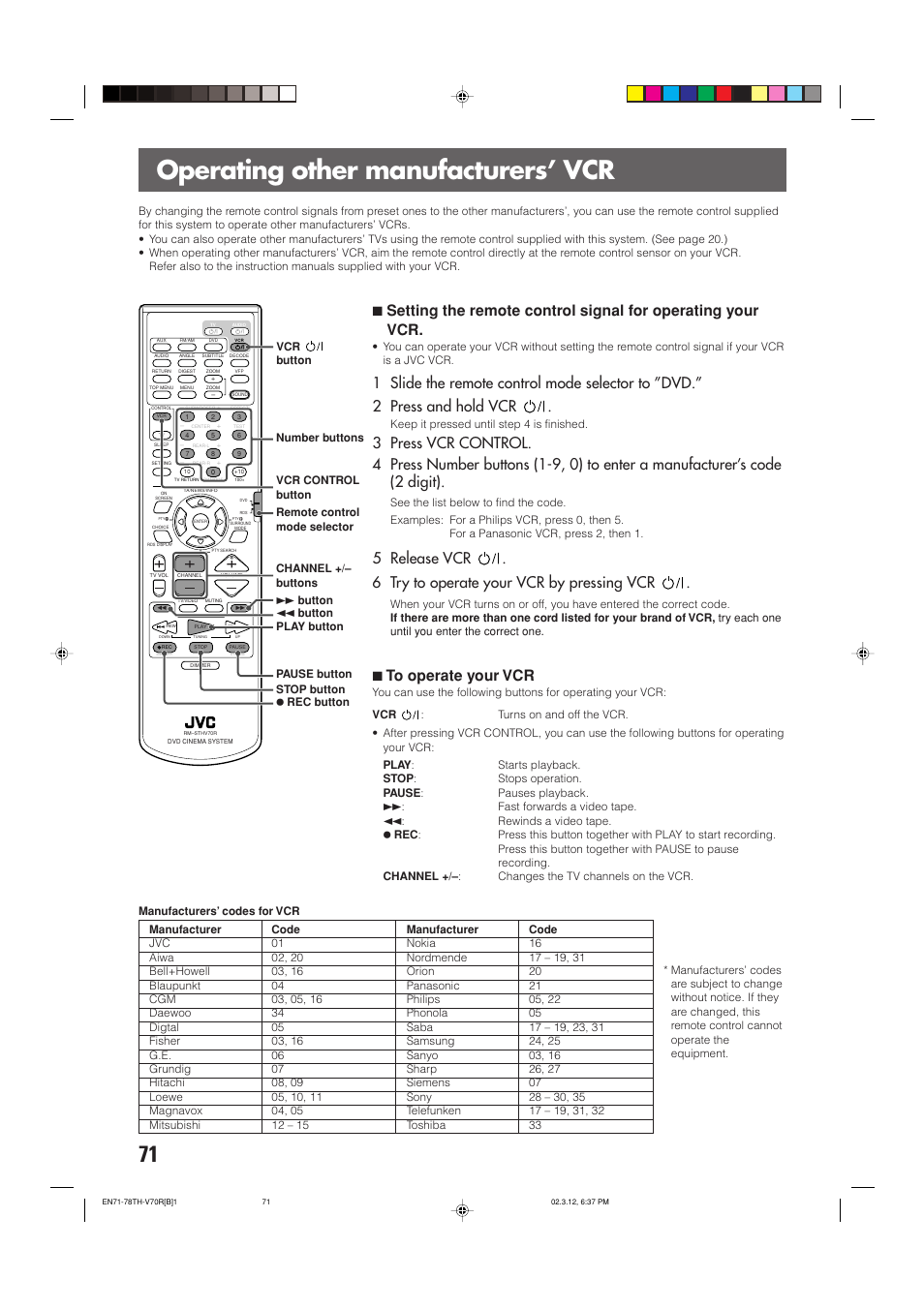 Operating other manufacturers’ vcr, 7to operate your vcr | JVC LVT0865-004A User Manual | Page 76 / 84