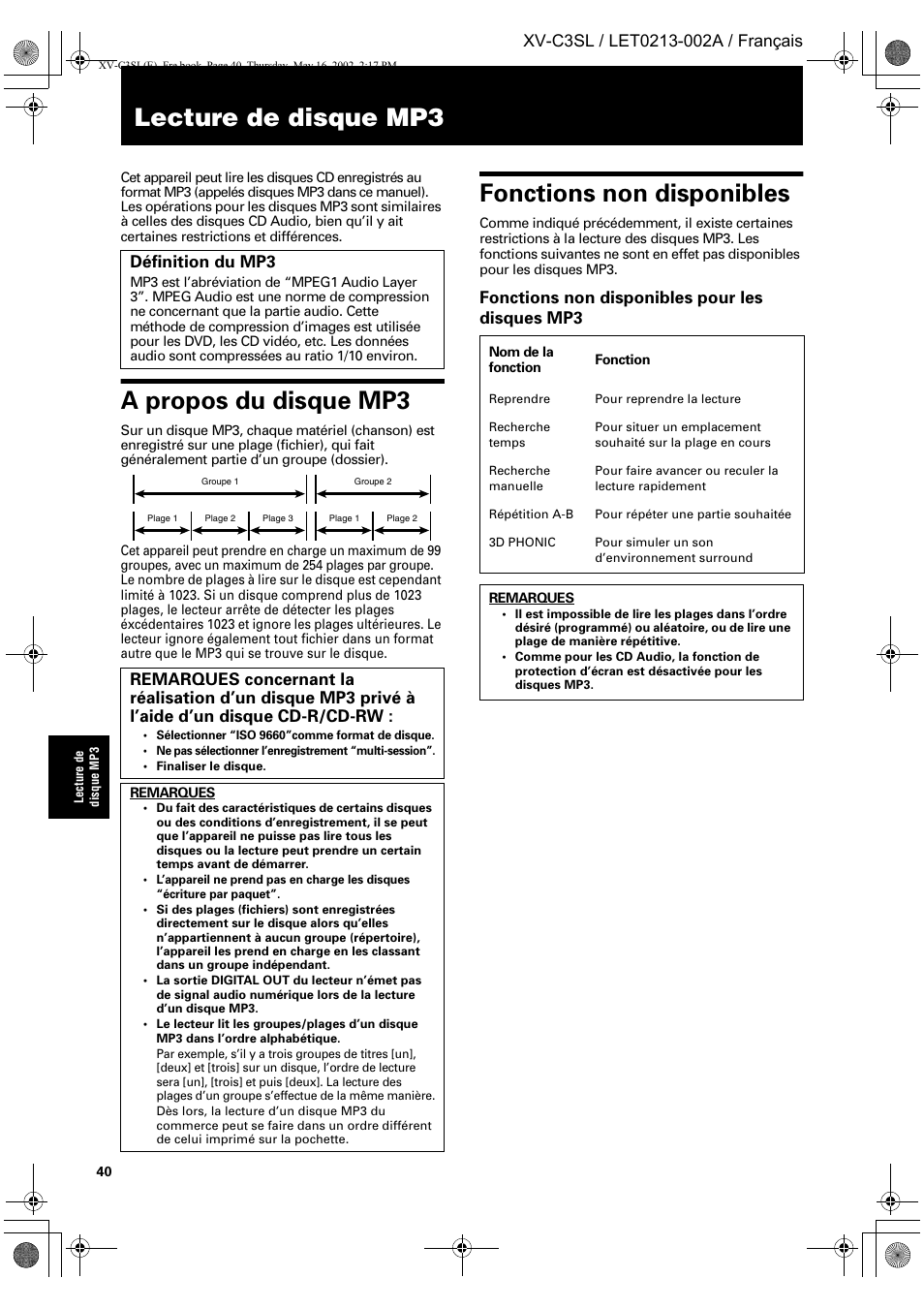 Lecture de disque mp3, A propos du disque mp3, Fonctions non disponibles | JVC XV-C3SL User Manual | Page 101 / 177
