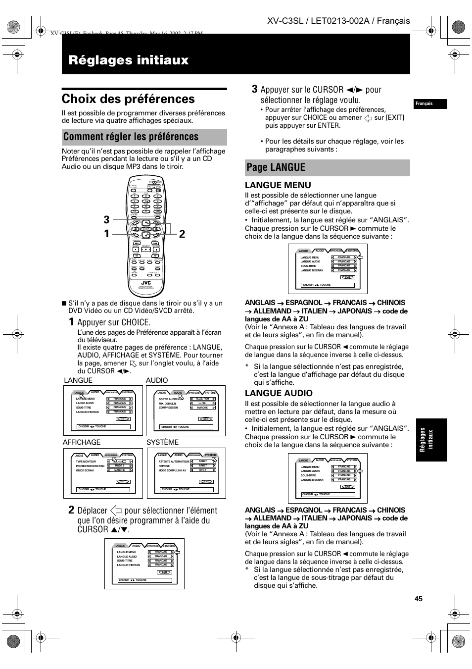 Réglages initiaux choix des préférences, Comment régler les préférences, Page langue | Appuyer sur choice, Langue menu, Langue audio, Espagnol, Francais, Chinois, Allemand | JVC XV-C3SL User Manual | Page 106 / 177