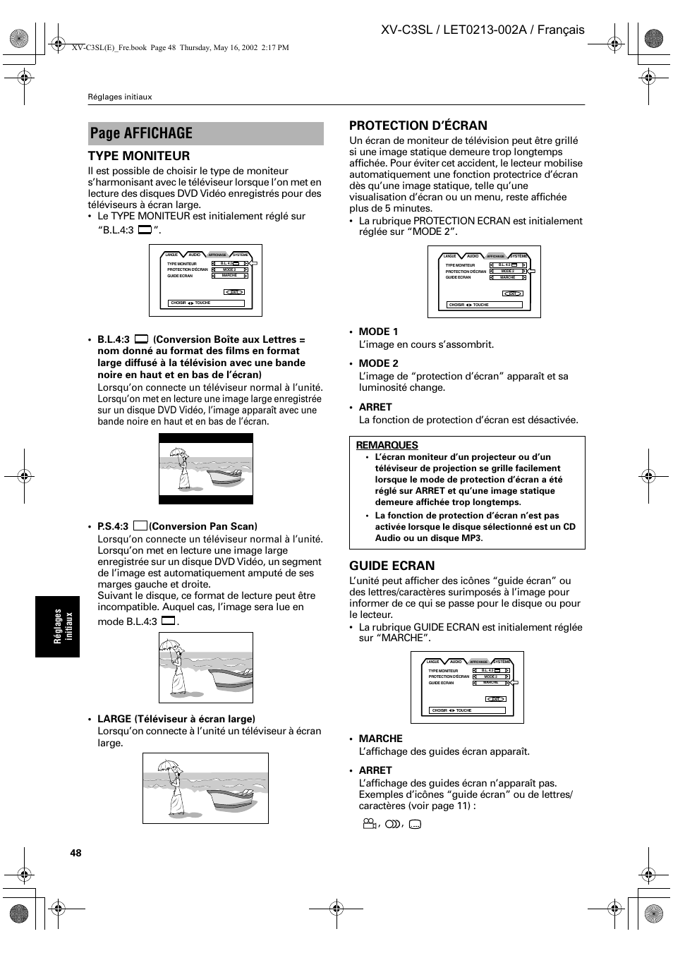 Page affichage, Protection d’écran, Guide ecran | Remarques | JVC XV-C3SL User Manual | Page 109 / 177