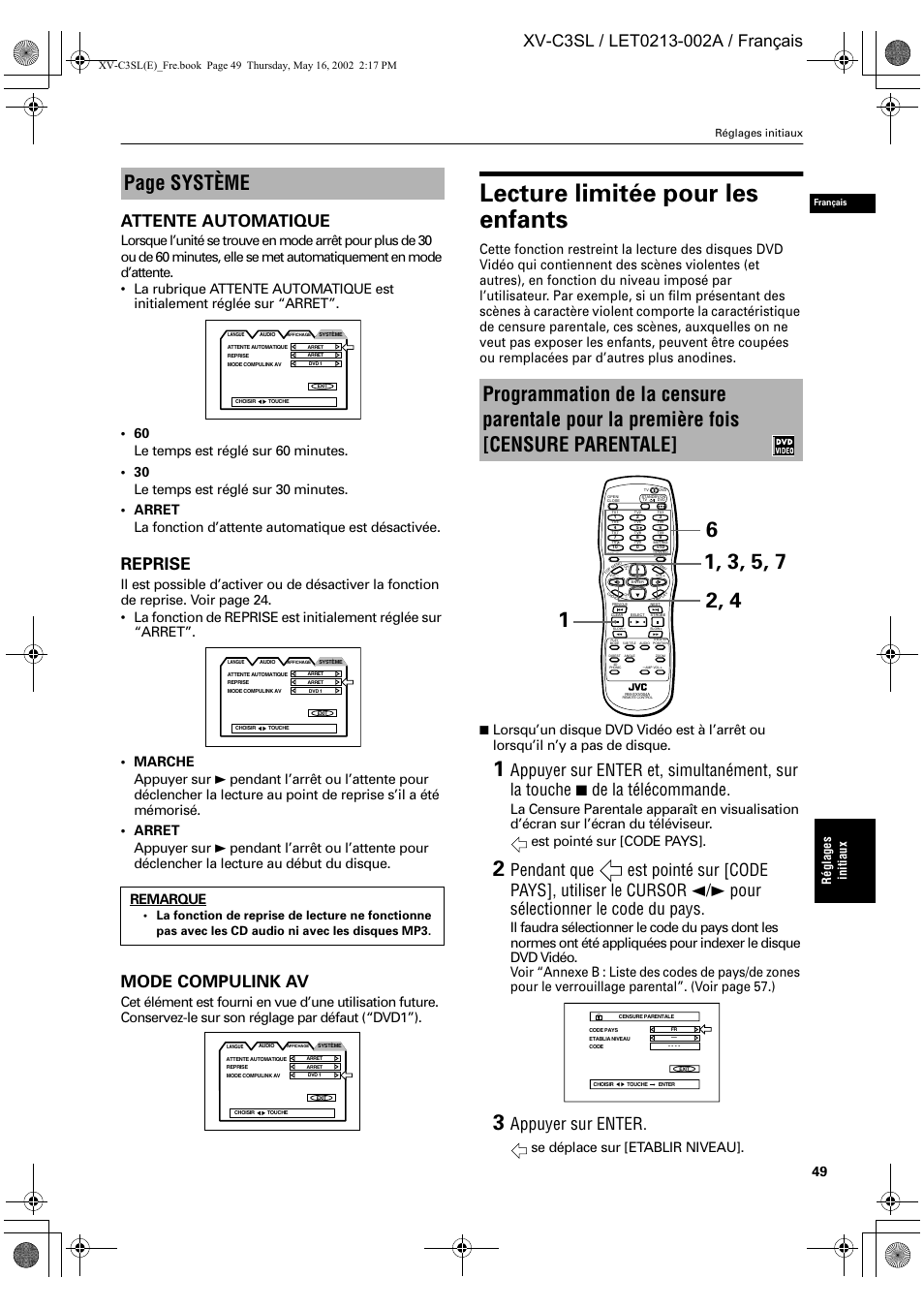 Lecture limitée pour les enfants, Page système, Reprise | Mode compulink av, Appuyer sur enter, Se déplace sur [etablir niveau, Remarque, Ré g lage s initiaux | JVC XV-C3SL User Manual | Page 110 / 177