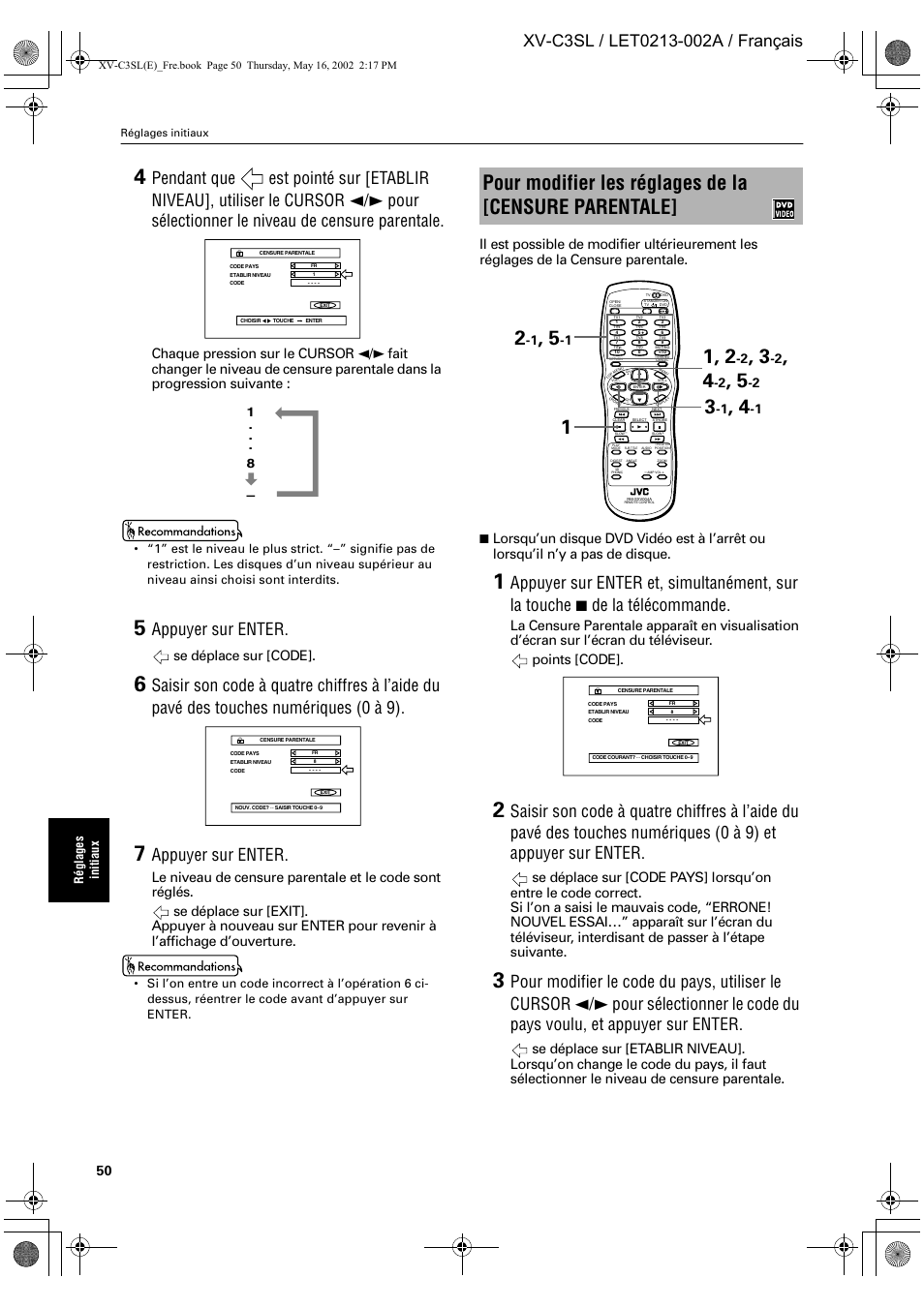 Appuyer sur enter, Se déplace sur [code | JVC XV-C3SL User Manual | Page 111 / 177