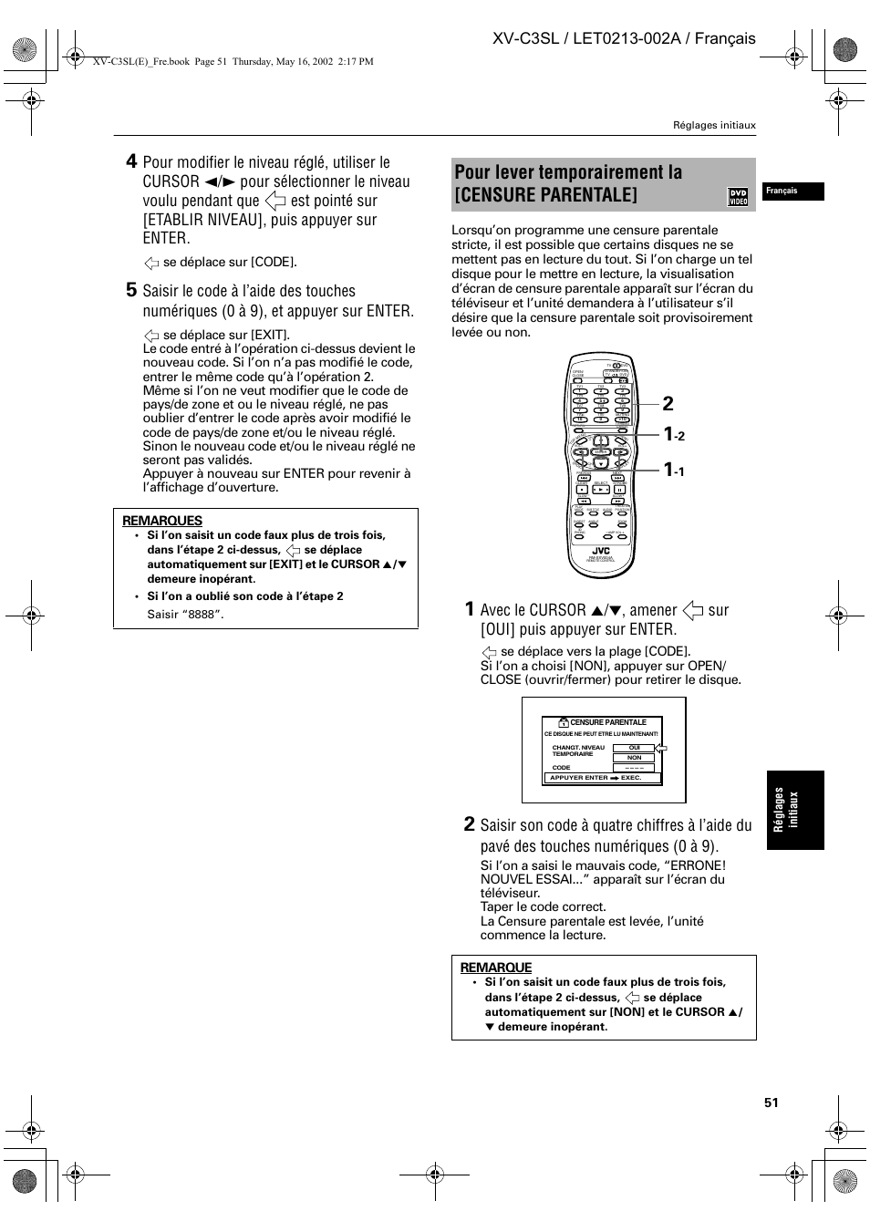 Pour lever temporairement la [censure parentale, Se déplace sur [code, Remarque | Ré g lage s initiaux | JVC XV-C3SL User Manual | Page 112 / 177