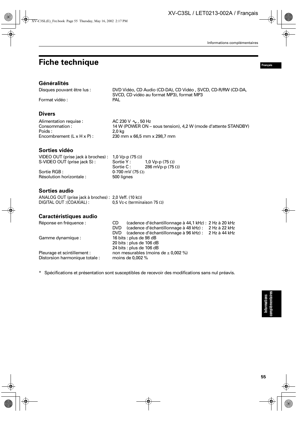Fiche technique | JVC XV-C3SL User Manual | Page 116 / 177