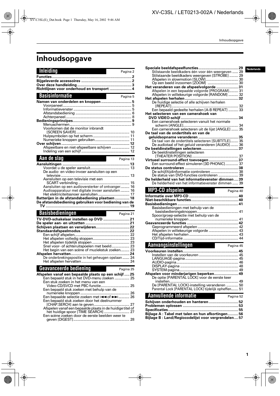 Inhoudsopgave, Inleiding, Basisinformatie | Aan de slag, Basisbedieningen, Geavanceerde bediening, Mp3-cd afspelen, Aanvangsinstellingen, Aanvullende informatie | JVC XV-C3SL User Manual | Page 119 / 177